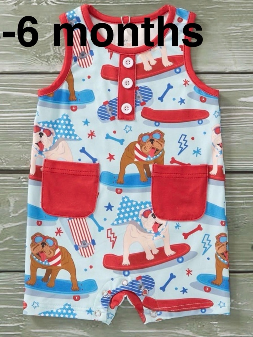 Patriotic Bulldog Print Red-Trim Baby One-Piece